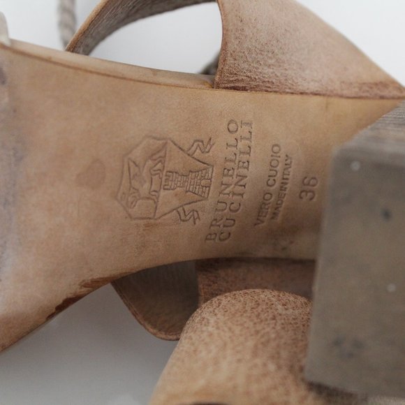 Brunello Cucinelli Tan Pebbled & Braided Leather Block Heeled Sandals Size US 6 - Picture 11 of 13